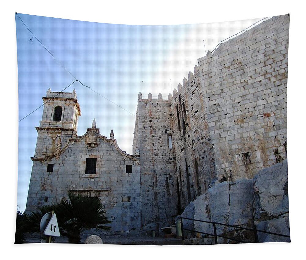 Peniscola Tapestry featuring the photograph Astonishing Peniscola Castle Exterior Brick Wall in Spain by John Shiron