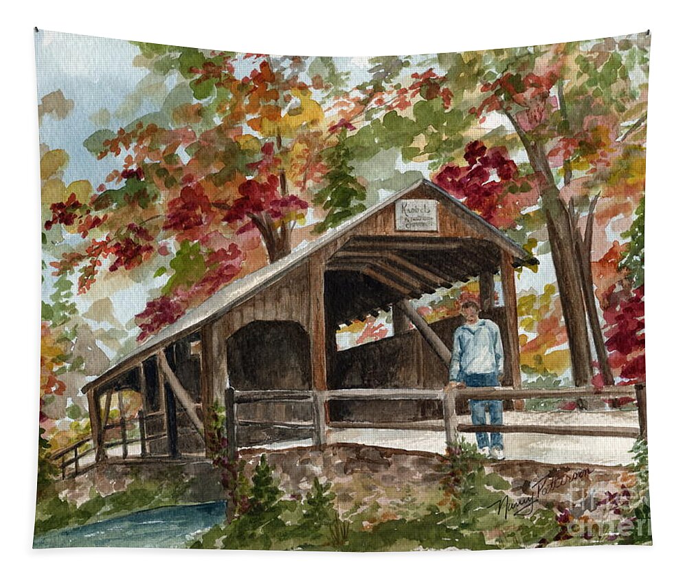 Covered Bridge Tapestry featuring the painting Autumn in Knoebels Grove by Nancy Patterson
