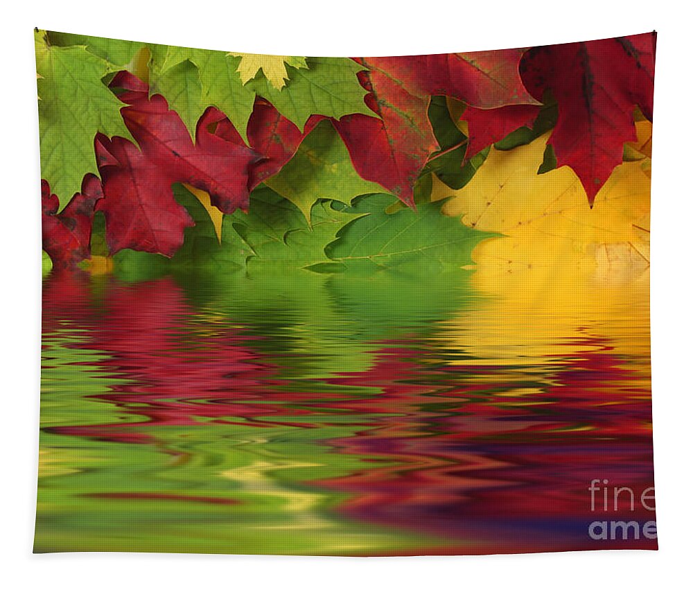 Leaves Tapestry featuring the photograph Autumn leaves in water with reflection by Simon Bratt
