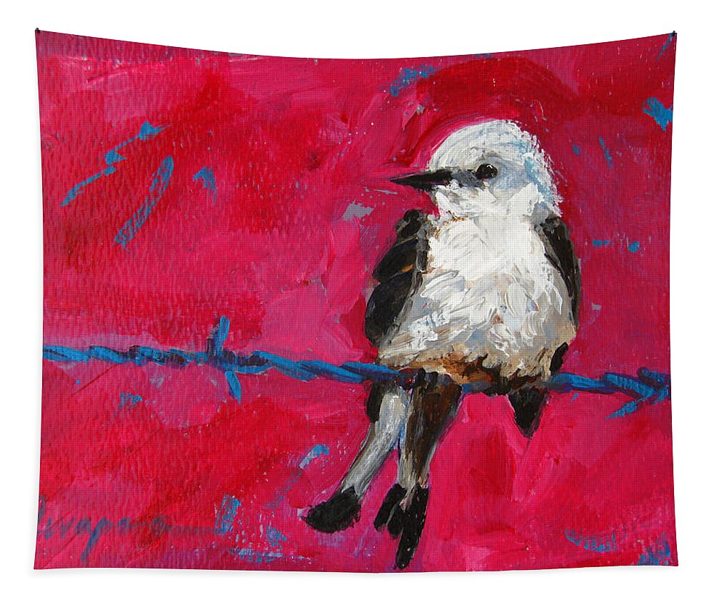 Bird On A Wire Tapestry featuring the painting Baby Bird on a wire by Patricia Awapara