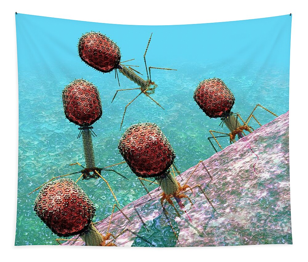 Bacteria Tapestry featuring the digital art Bacteriophage T4 virus group 1 by Russell Kightley