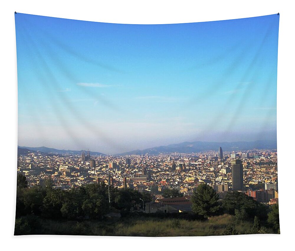 Harbor Tapestry featuring the photograph Barcelona Panoramic City View II Spain by John Shiron