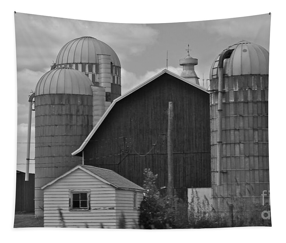Black And White Tapestry featuring the photograph Barns and Silos black and white by Pamela Walrath