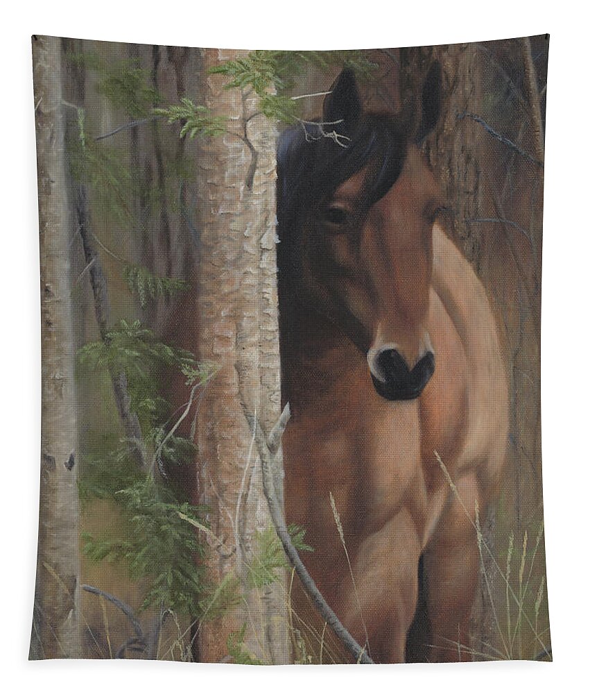 Horse Behind Tree Tapestry featuring the painting Bashful by Tammy Taylor