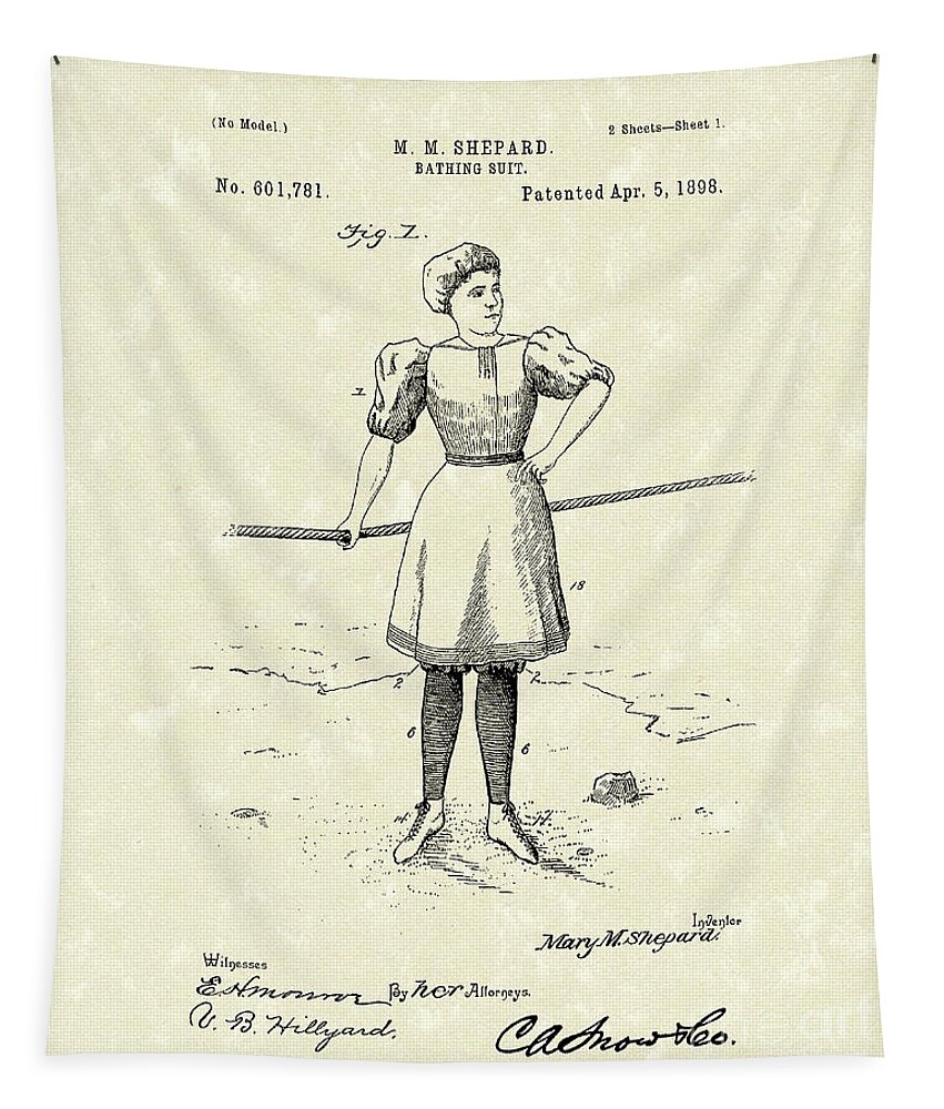 Bathing Tapestry featuring the drawing Bathing Suit 1898 Patent Art by Prior Art Design