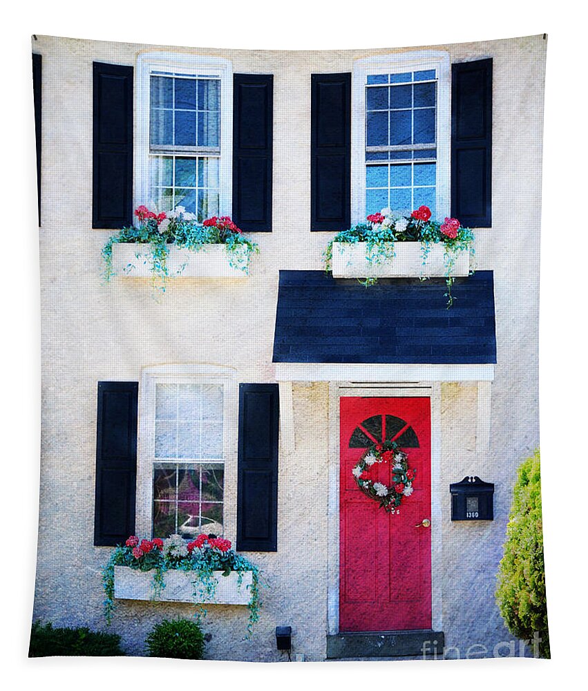 Red Tapestry featuring the photograph Black Window Shutters with Flowers by Paul Ward