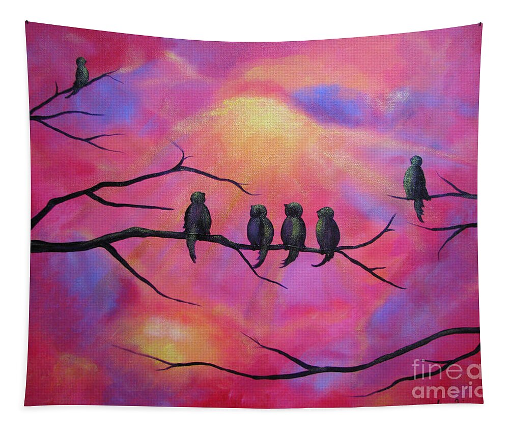 Birds Tapestry featuring the painting Blazing Ruby Sky by Stacey Zimmerman