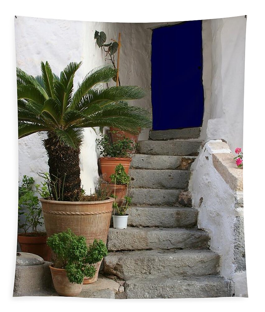 Door Tapestry featuring the photograph Blue Door in Greece by Sabrina L Ryan