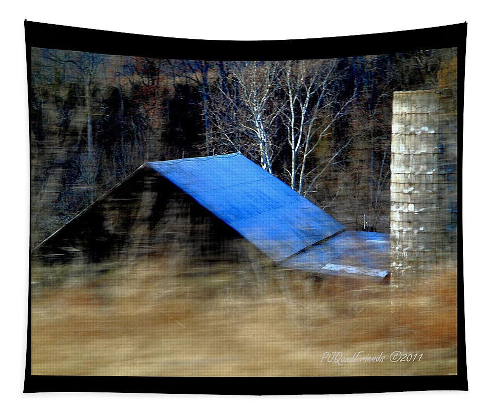 Barn Tapestry featuring the photograph 'Blue Roof Barn' by PJQandFriends Photography