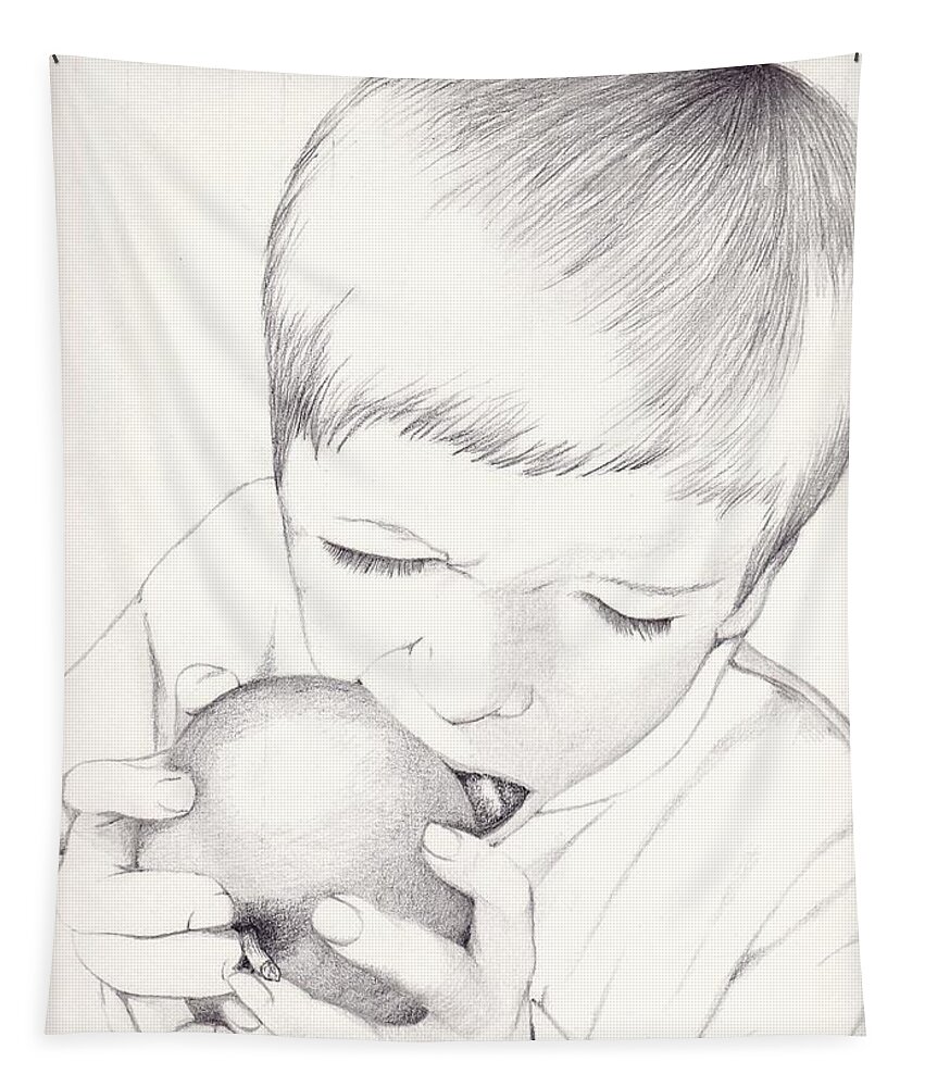 Apple Tapestry featuring the photograph Boy with Apple by Kelly Hazel