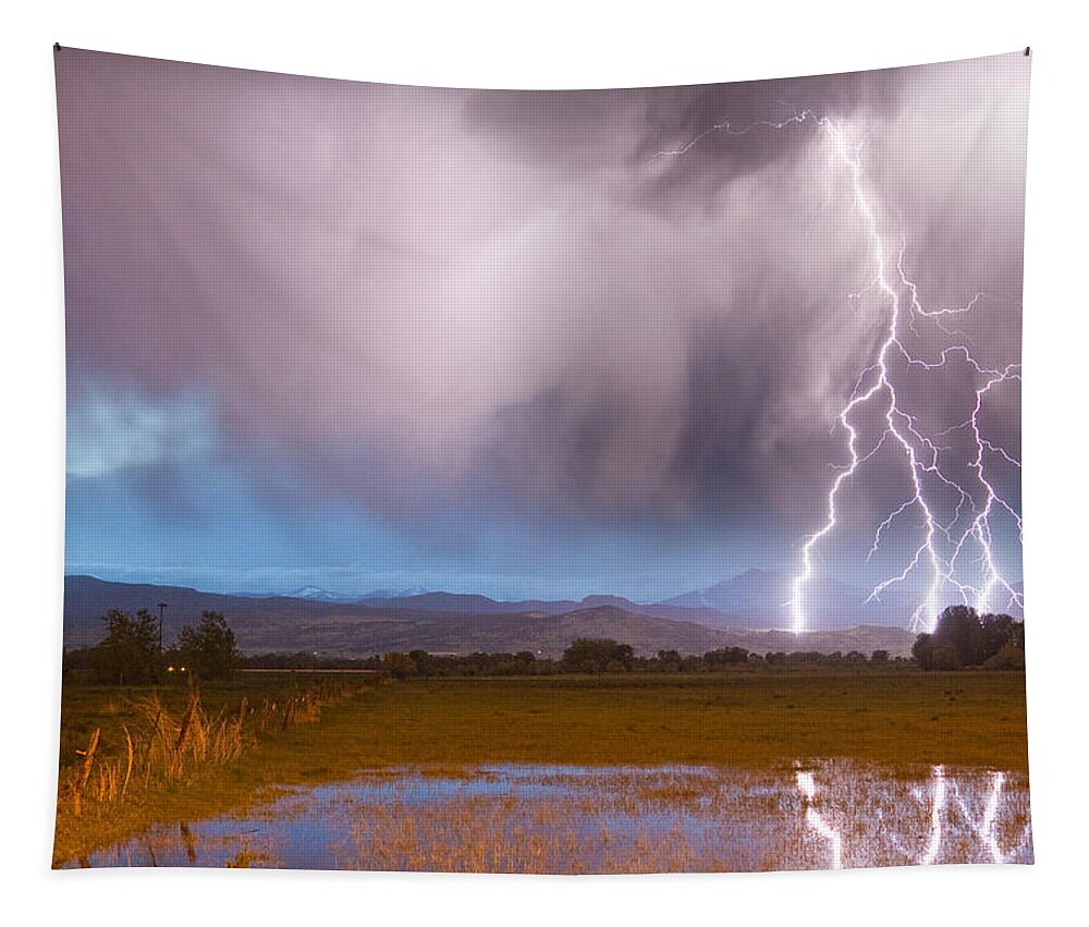 Lightning Tapestry featuring the photograph C2G Lightning Bolts Striking Longs Peak Foothills 6 by James BO Insogna