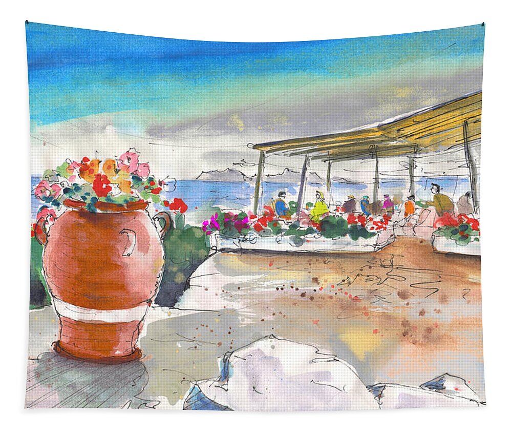Travel Sketch Tapestry featuring the painting Cafe on Agios Georgios Beach by Miki De Goodaboom