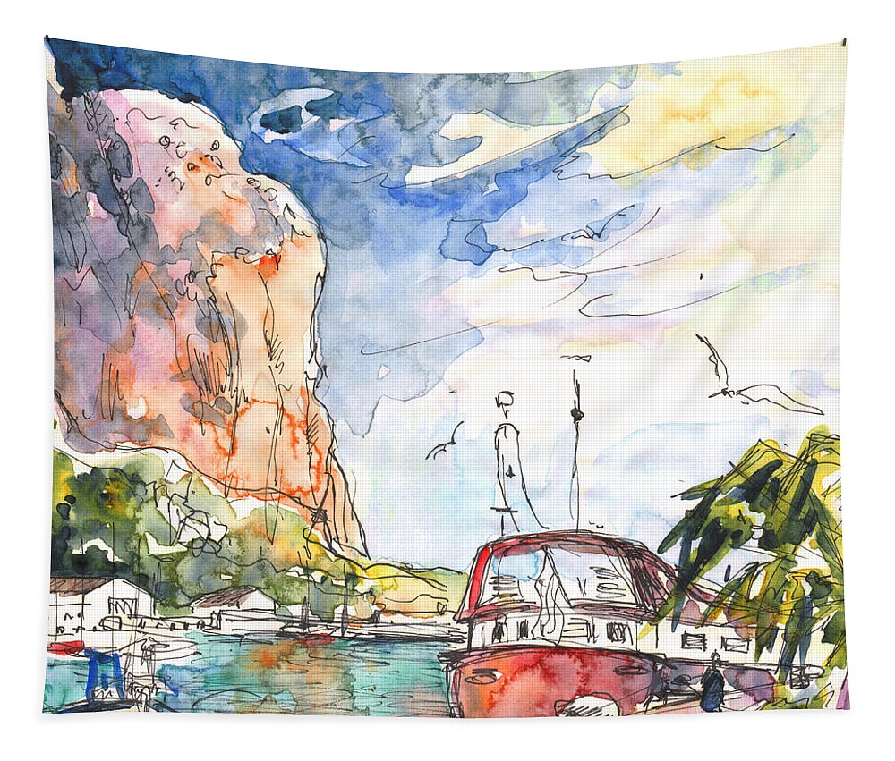 Travel Tapestry featuring the painting Calpe Harbour 04 by Miki De Goodaboom