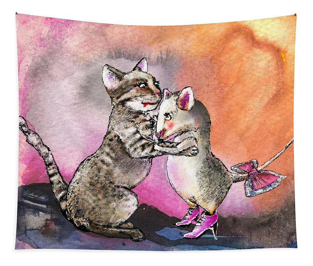 Animals Tapestry featuring the painting Cat and Mouse Reunited by Miki De Goodaboom