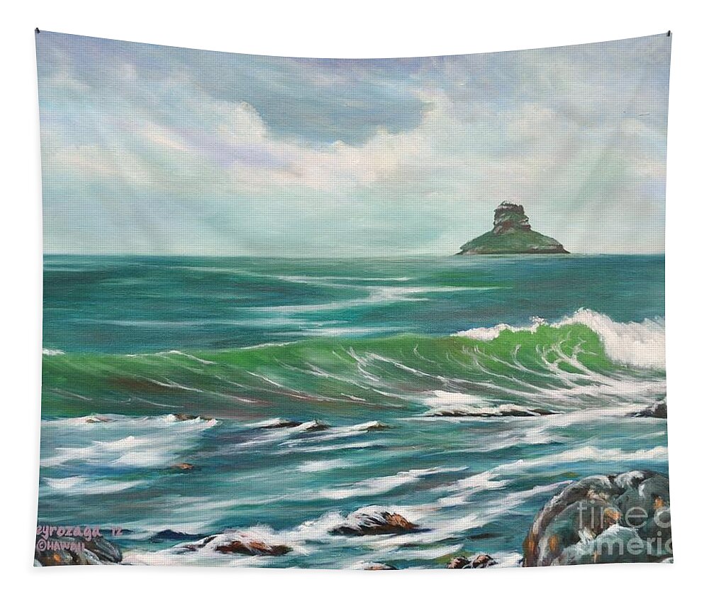 Seascape Tapestry featuring the painting Chinaman's Hat by Larry Geyrozaga