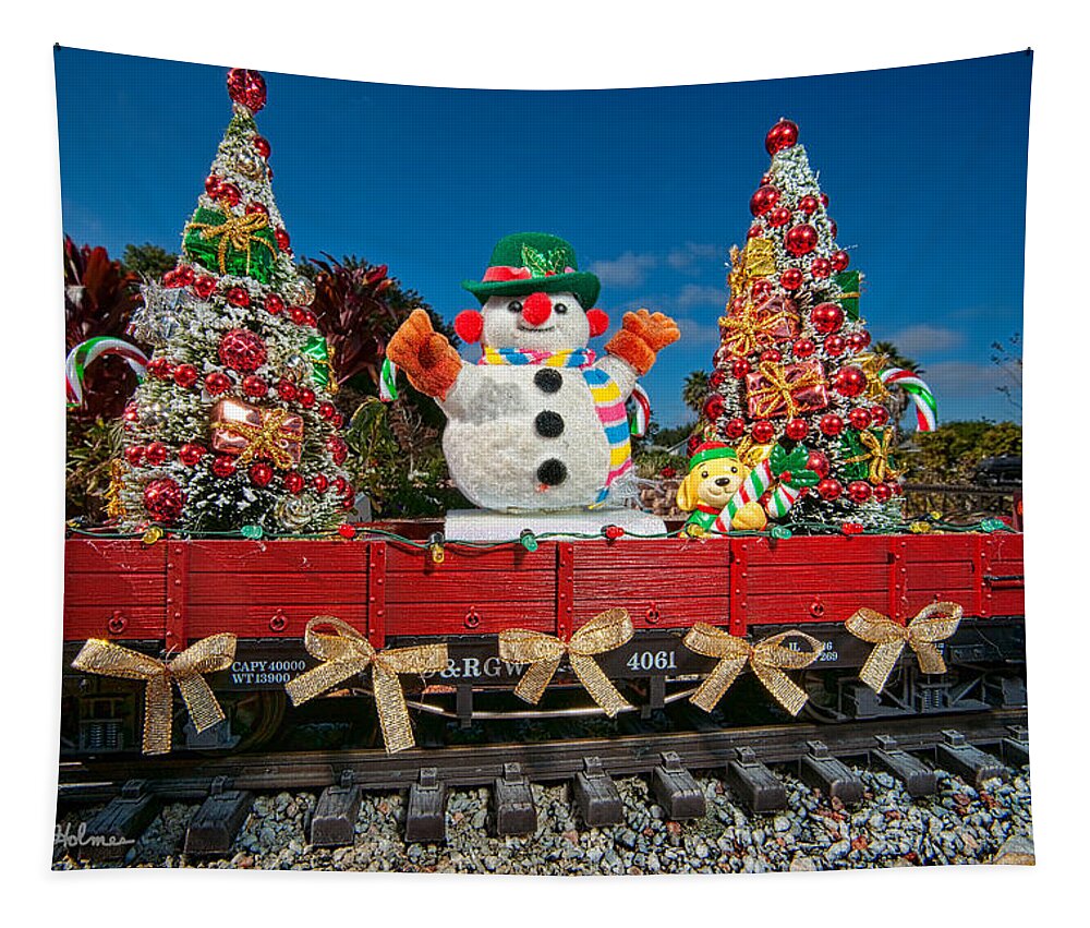 Snowman Tapestry featuring the photograph Christmas Snowman On Rails by Christopher Holmes