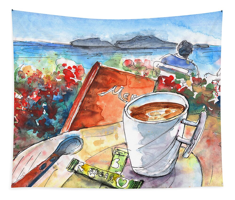 Travel Art Tapestry featuring the painting Coffee Break in Agia Georgios in Crete by Miki De Goodaboom