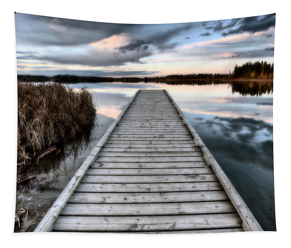 Dock Tapestry featuring the digital art Crimson Lake Alberta Canada by Mark Duffy