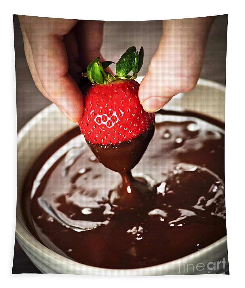 Strawberry Tapestry featuring the photograph Dipping strawberry in chocolate by Elena Elisseeva