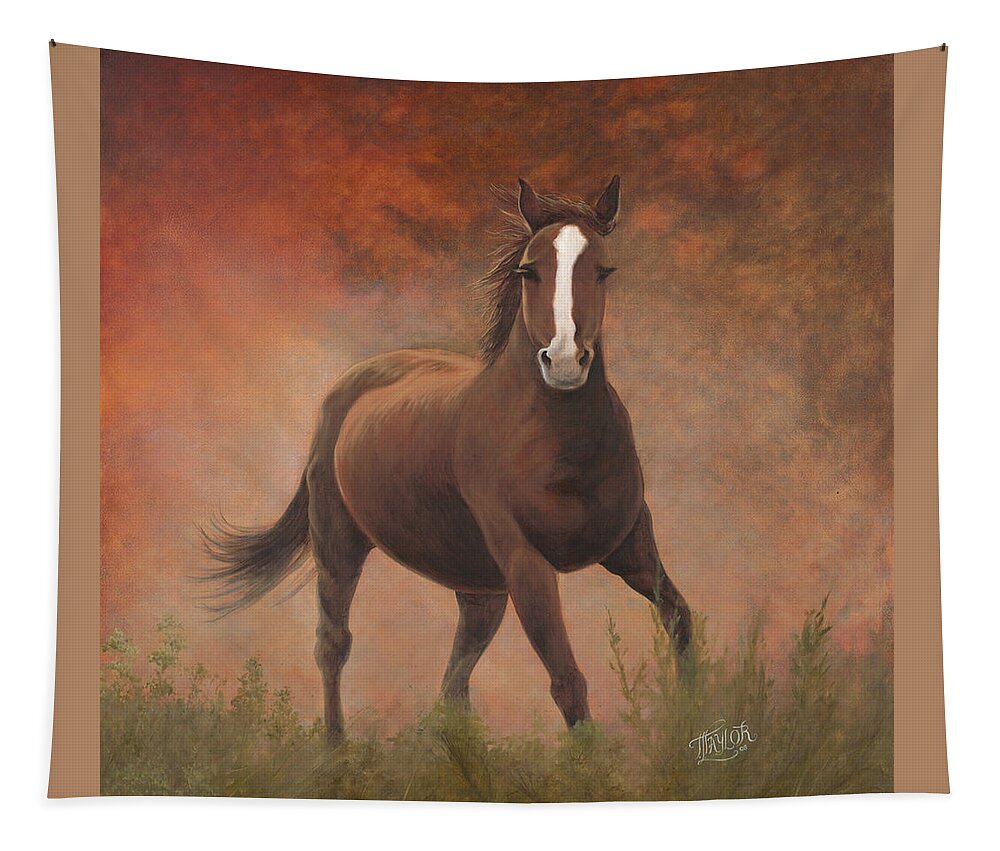 Horse Running At Sunrise Tapestry featuring the painting Early Morning Light by Tammy Taylor