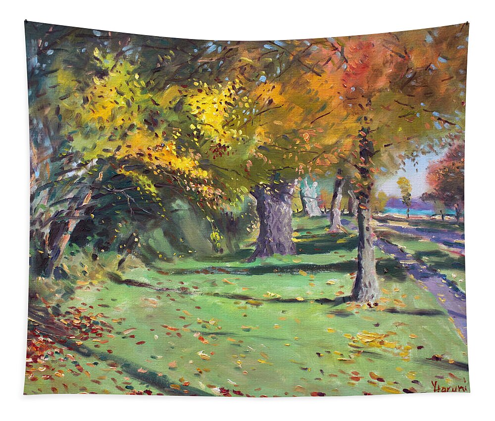 Fall Tapestry featuring the painting Fall in Goat Island by Ylli Haruni