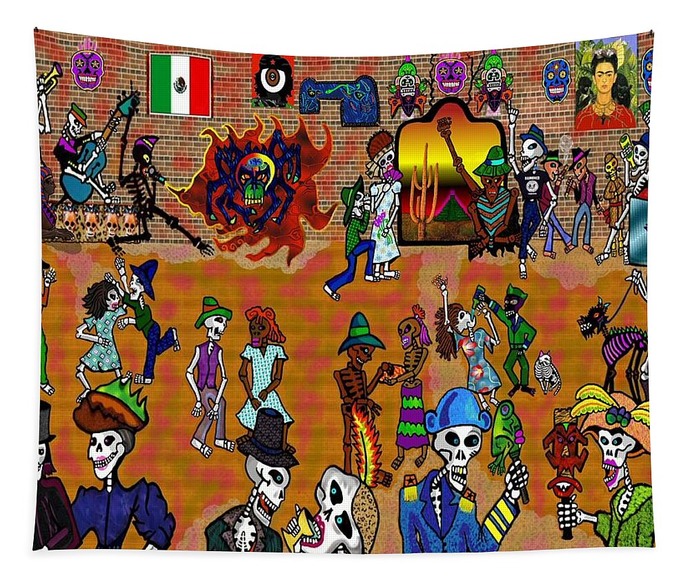 Mexican Day Of The Dead Tapestry featuring the mixed media Fiesta del dia de los Muertos by Myztico Campo