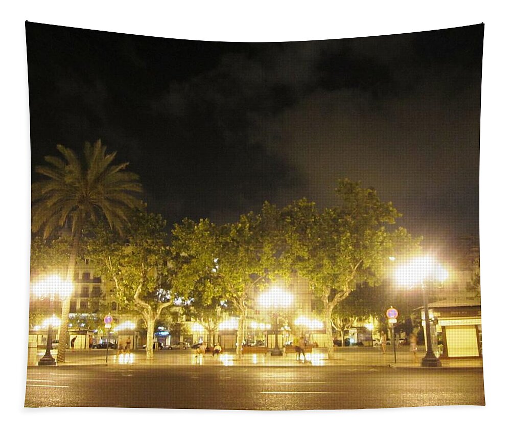 Valencia Tapestry featuring the photograph Foggy Night in Valencia Lighted With Street Light Poles in Spain by John Shiron