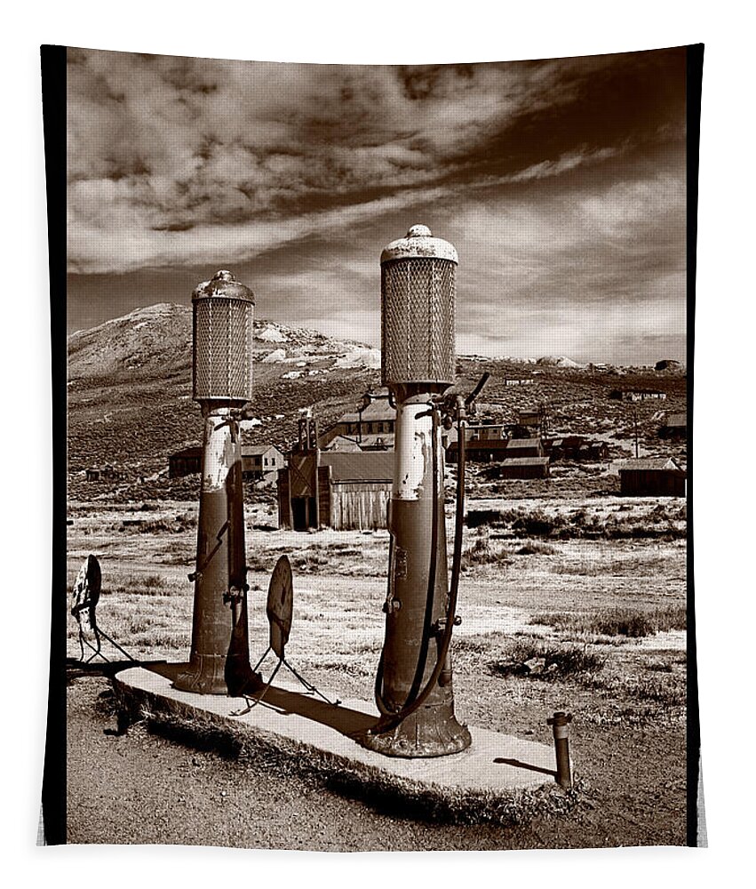 Black Tapestry featuring the photograph Fuel Pumps and Firehouse In Bodie by Steve Gadomski