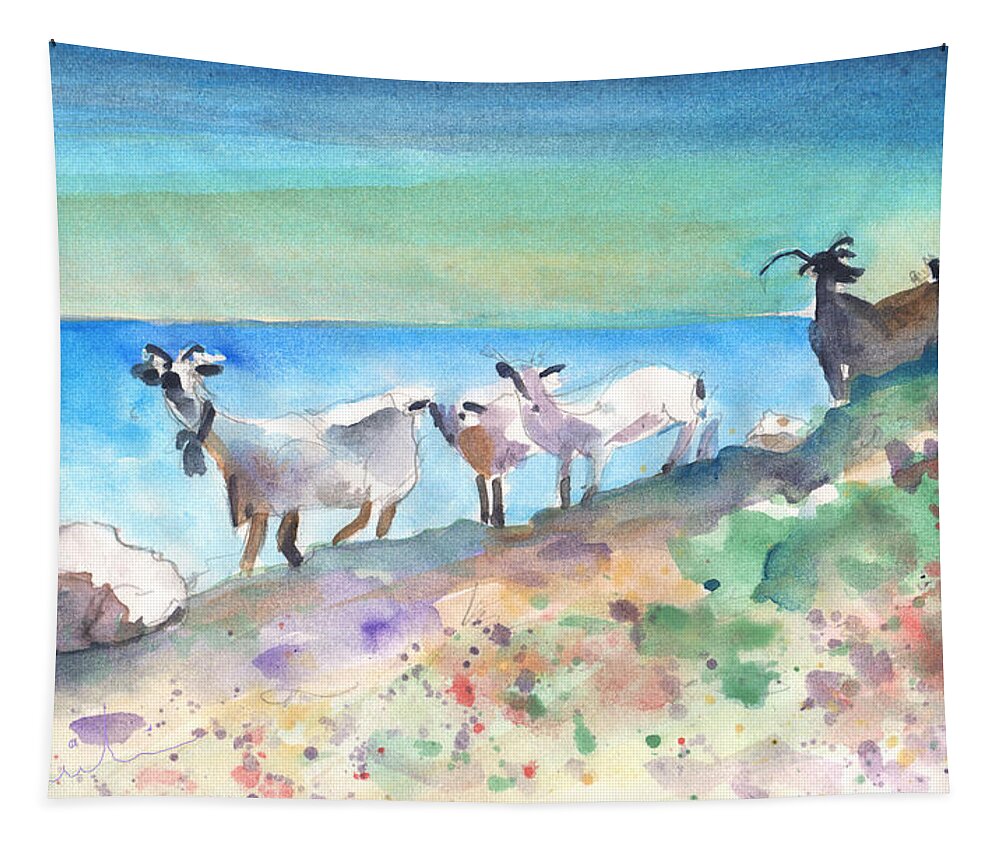 Travel Art Tapestry featuring the painting Goats in Agia Galini by Miki De Goodaboom