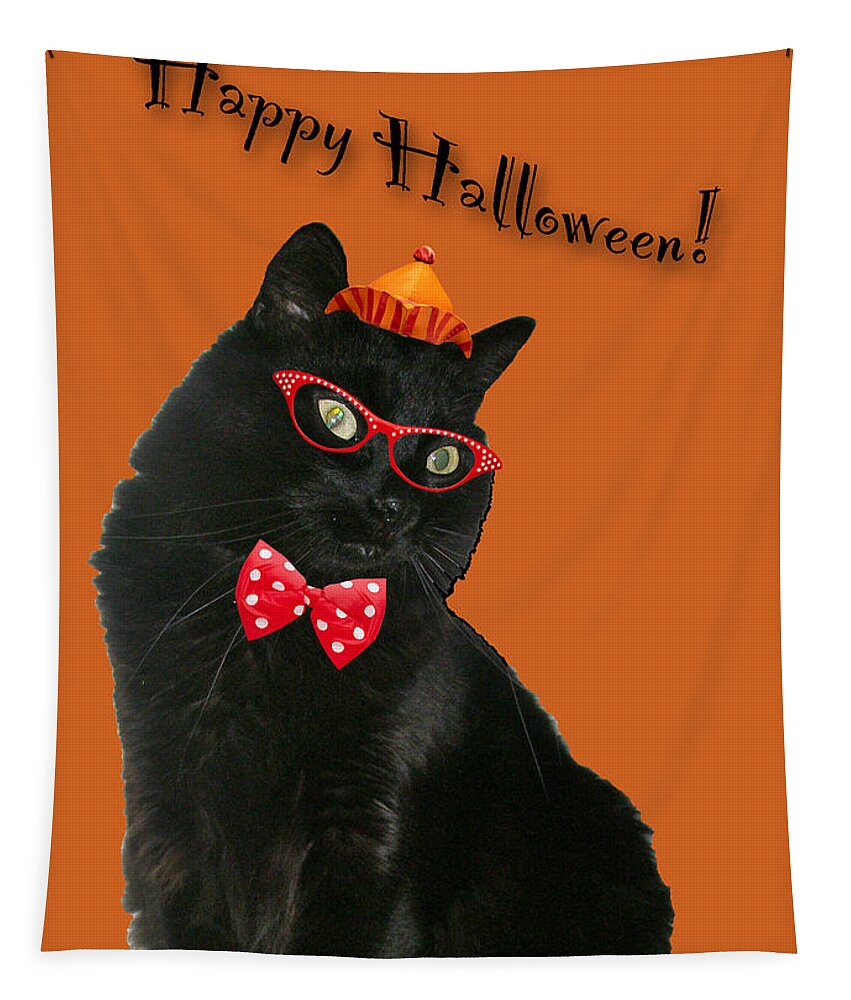 Halloween Tapestry featuring the photograph Halloween Card - Black Cat Ready to Party by Carol Senske
