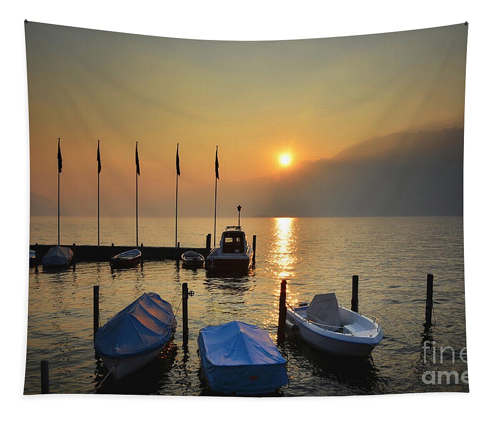 Port Tapestry featuring the photograph Harbor on a foggy lake by Mats Silvan
