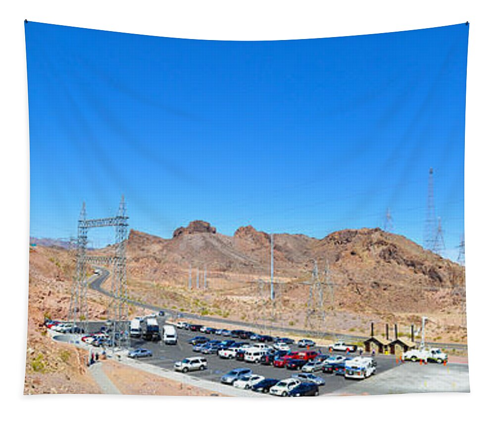 Lake Meade Tapestry featuring the photograph Visitors parking lot for Great Bridge at Hoover Dam by Dejan Jovanovic