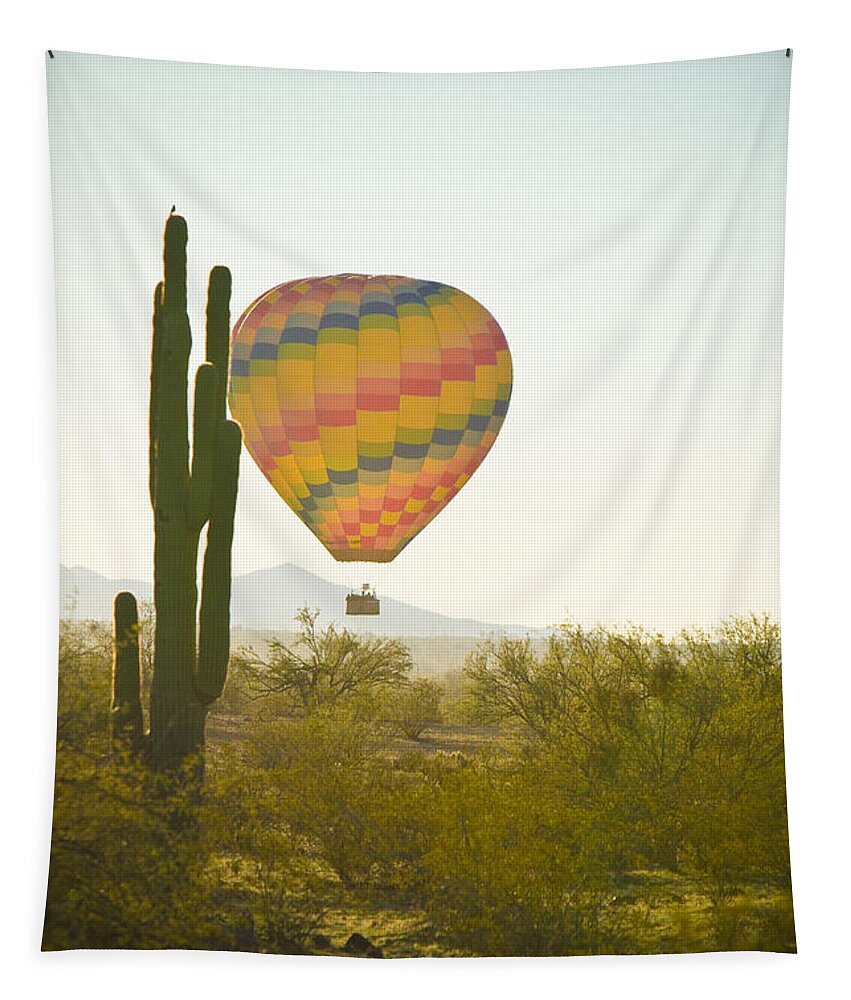 Arizona Tapestry featuring the photograph Hot Air Balloon over the Arizona Desert With Giant Saguaro by James BO Insogna
