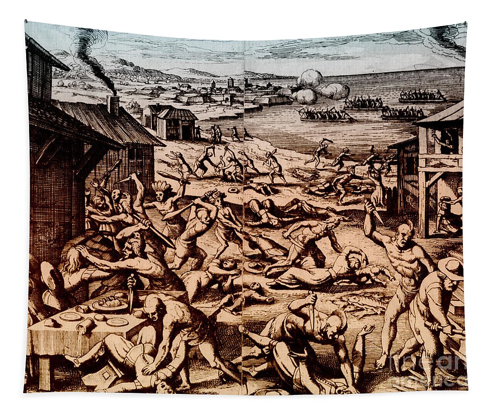 History Tapestry featuring the photograph Jamestown Massacre, 1622 by Photo Researchers