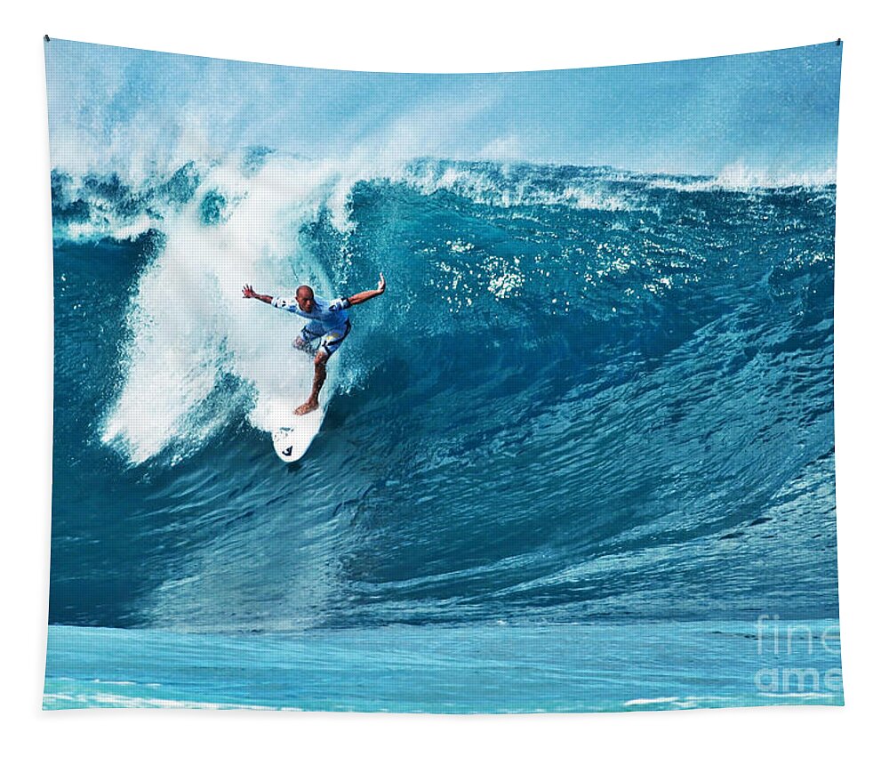 Kelly Slater Tapestry featuring the photograph Kelly Slater at Pipeline Masters Contest by Paul Topp
