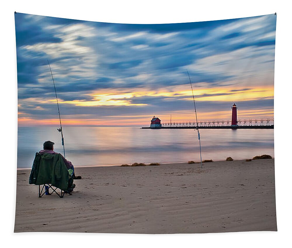 Grand Haven Tapestry featuring the photograph Lake Michigan Fishing by Larry Carr