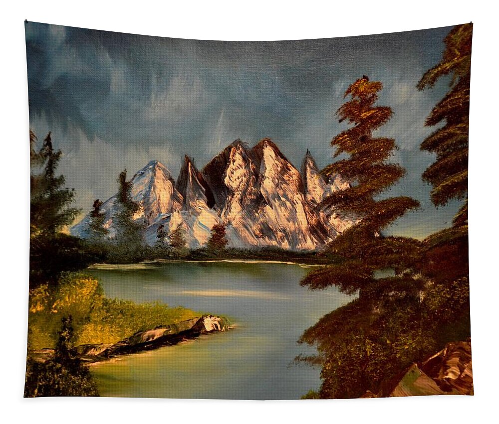 Mountains Tapestry featuring the painting LakeView by Maria Urso