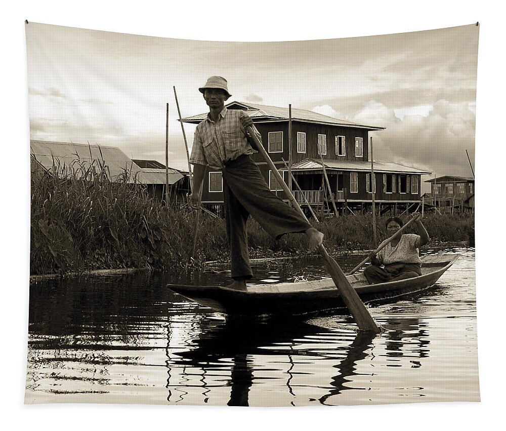 Boy Tapestry featuring the photograph Leg rowing on Inle Lake by RicardMN Photography