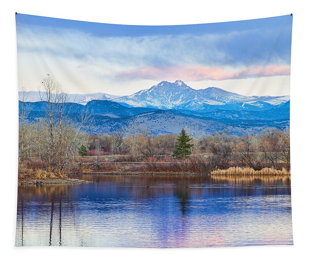 'longs Peak' Tapestry featuring the photograph Longs Peak and Mt Meeker Sunrise at Golden Ponds by James BO Insogna