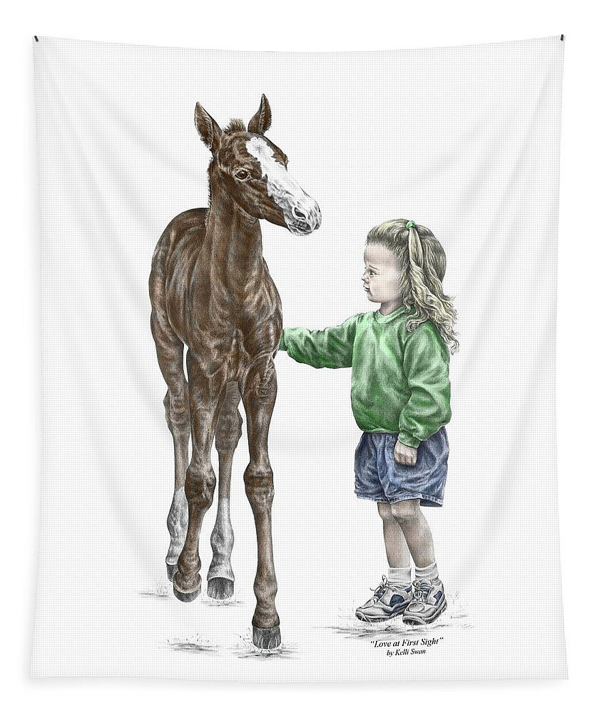 Horse Tapestry featuring the drawing Love at First Sight - Girl and Horse Print color tinted by Kelli Swan