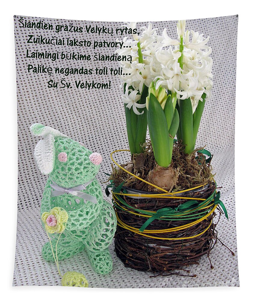 Easter Tapestry featuring the photograph LT Easter Greeting. Bunny. Lithuanian text by Ausra Huntington nee Paulauskaite