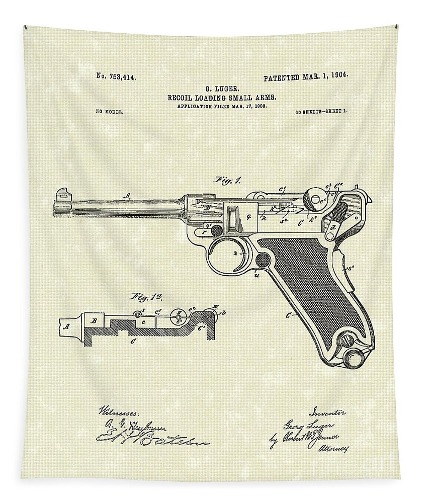 Luger Tapestry featuring the drawing Luger Handgun 1904 Patent Art by Prior Art Design