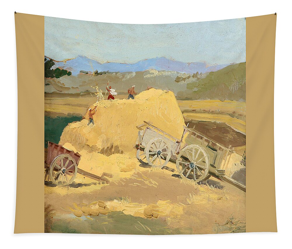 Hay Stack Tapestry featuring the painting Making Hay Stacks by Ylli Haruni