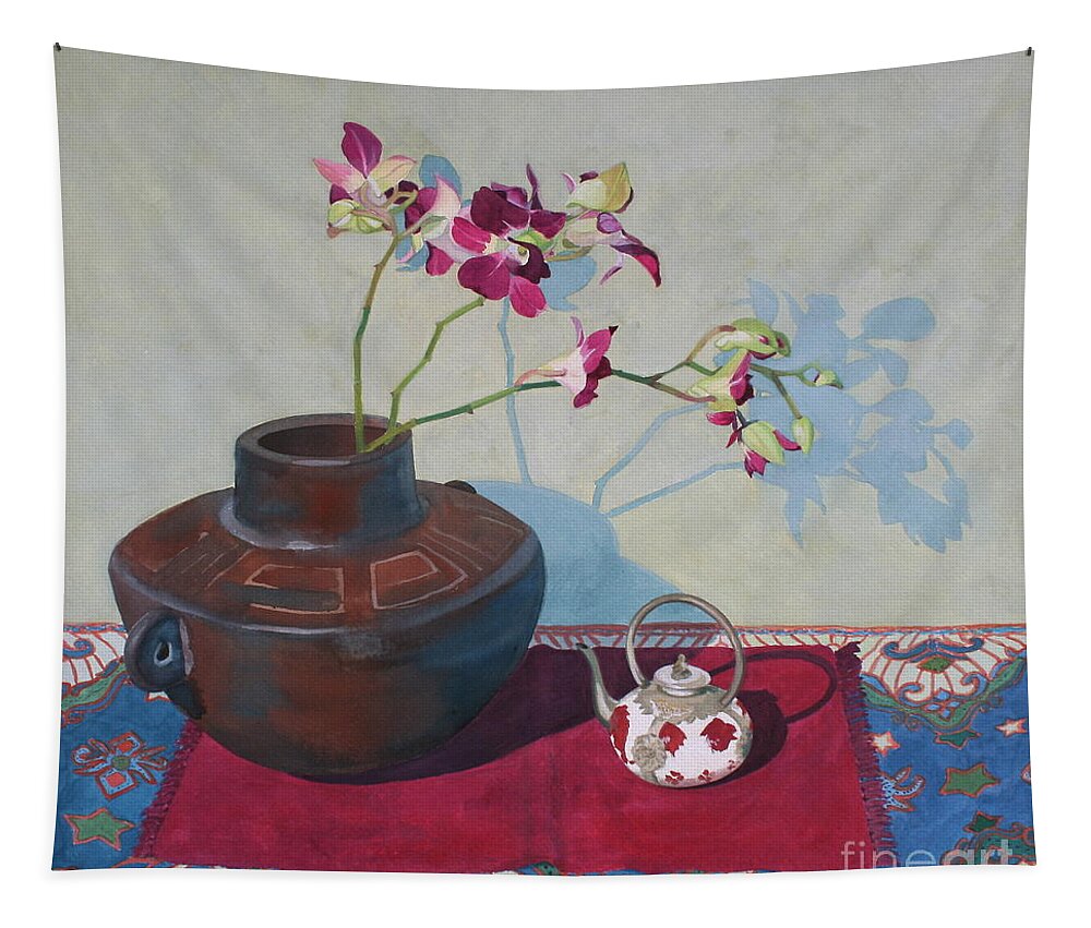 Jan Lawnikanis Tapestry featuring the painting Miniature Teapot Still-Life by Jan Lawnikanis