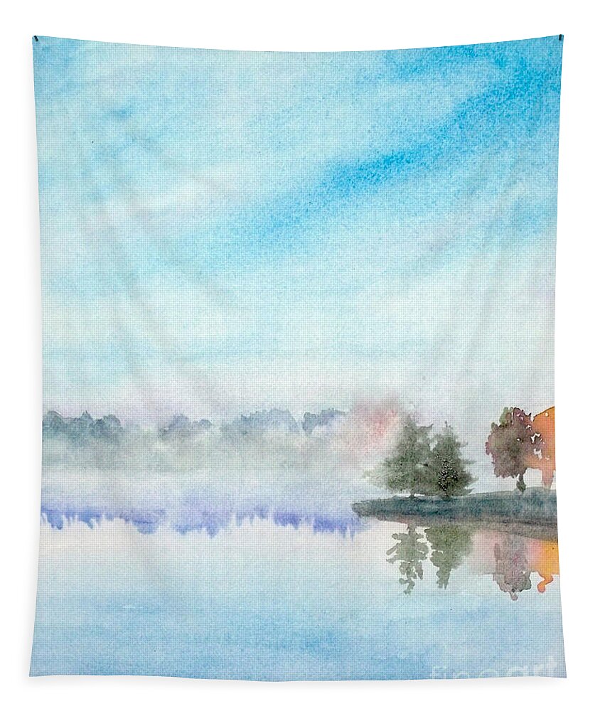 Lakeview Tapestry featuring the painting Misty Lake by Yoshiko Mishina