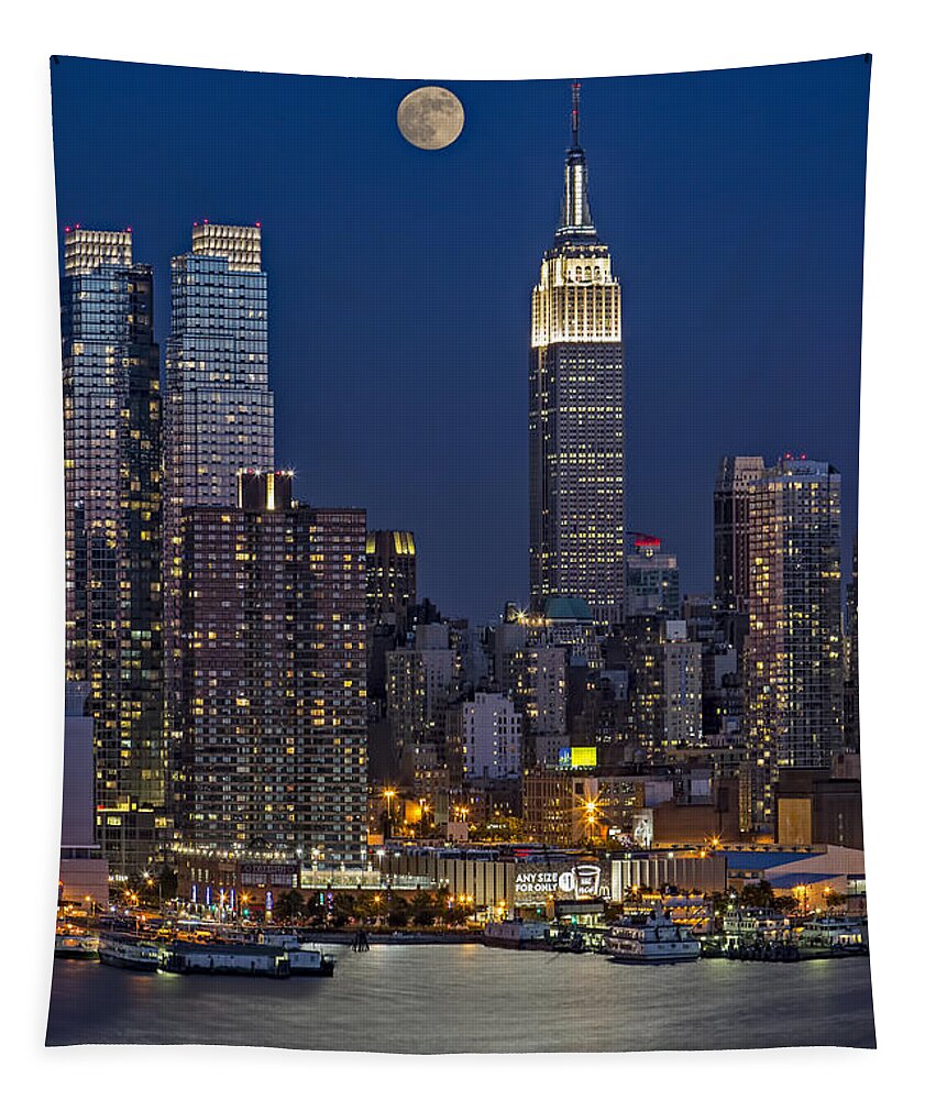New York City Tapestry featuring the photograph Moonrise along the Empire State Building by Susan Candelario