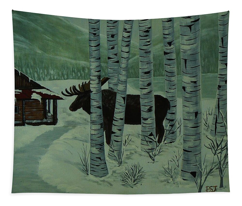 Alces Tapestry featuring the painting Moose Lake by Barbara St Jean