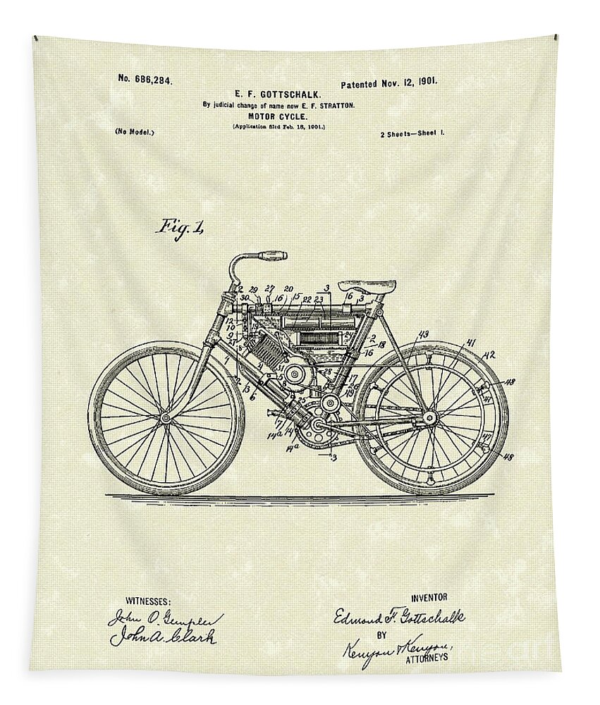 Gottschalk Tapestry featuring the drawing Motorcycle 1901 Patent Art by Prior Art Design