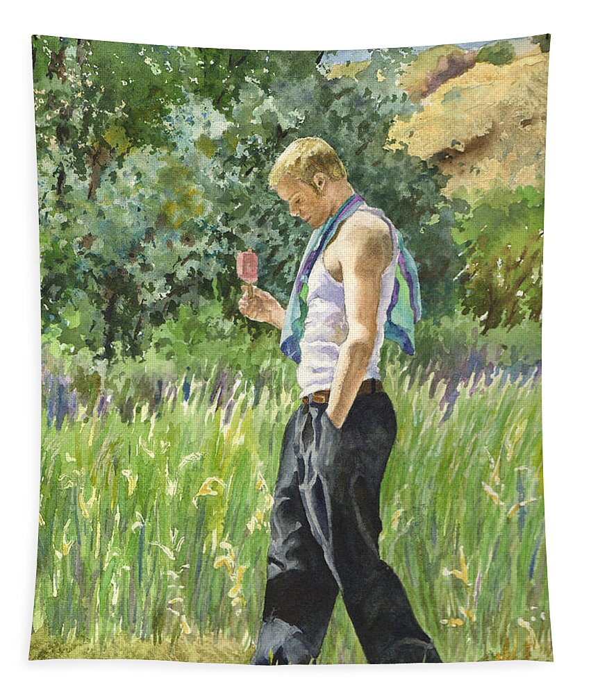 Young Man Painting Tapestry featuring the painting My Son Lex in Full Bloom by Anne Gifford