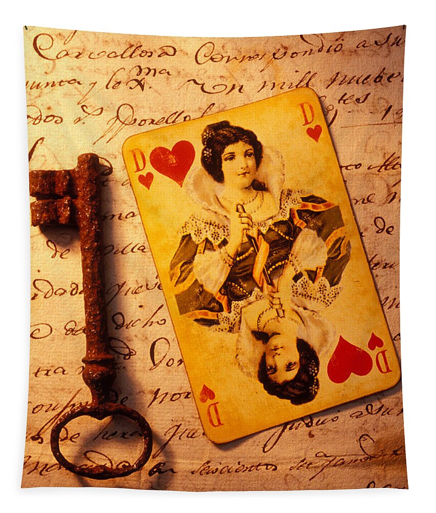 Playing Tapestry featuring the photograph Old playing Card and key by Garry Gay